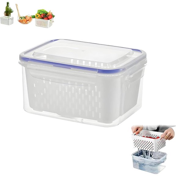4 in 1 Food Storage Container, Fruit Storage Containers for Fridge, Fresh Berry Keeper with Removable Colander & Airtight Lid, Including Drain Basket Plastic Food Storage (Blue-S)