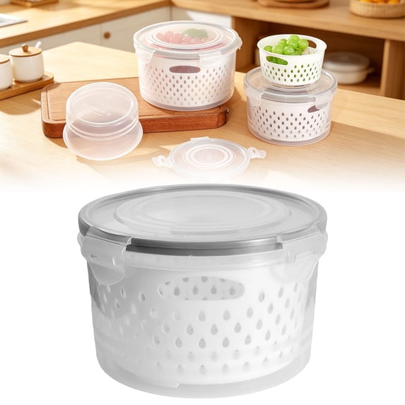 4 in 1 Food Storage Container, Fruit Storage Containers for Fridge, Household Transparent Plastic Food Storage Box-including Drain Basket, Soak, Wash, Drain, and Store (M)