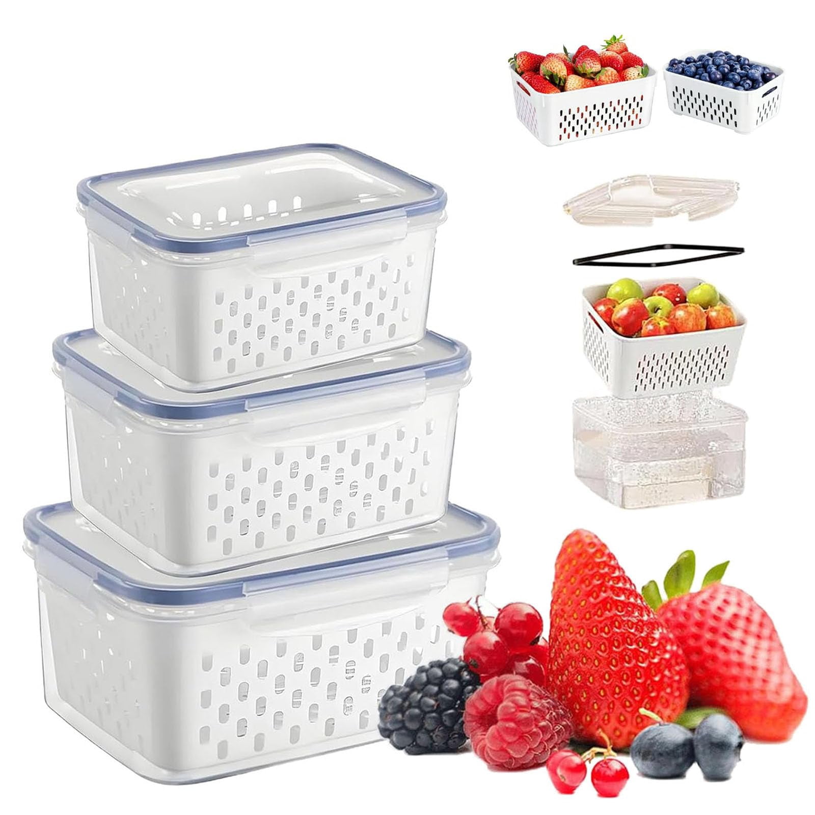 4 in 1 Food Storage Container, Fruit Storage Containers for Fridge, Produce Storage Containers with Lid and Strainer, Including Drain Basket, Kitchen Organizer