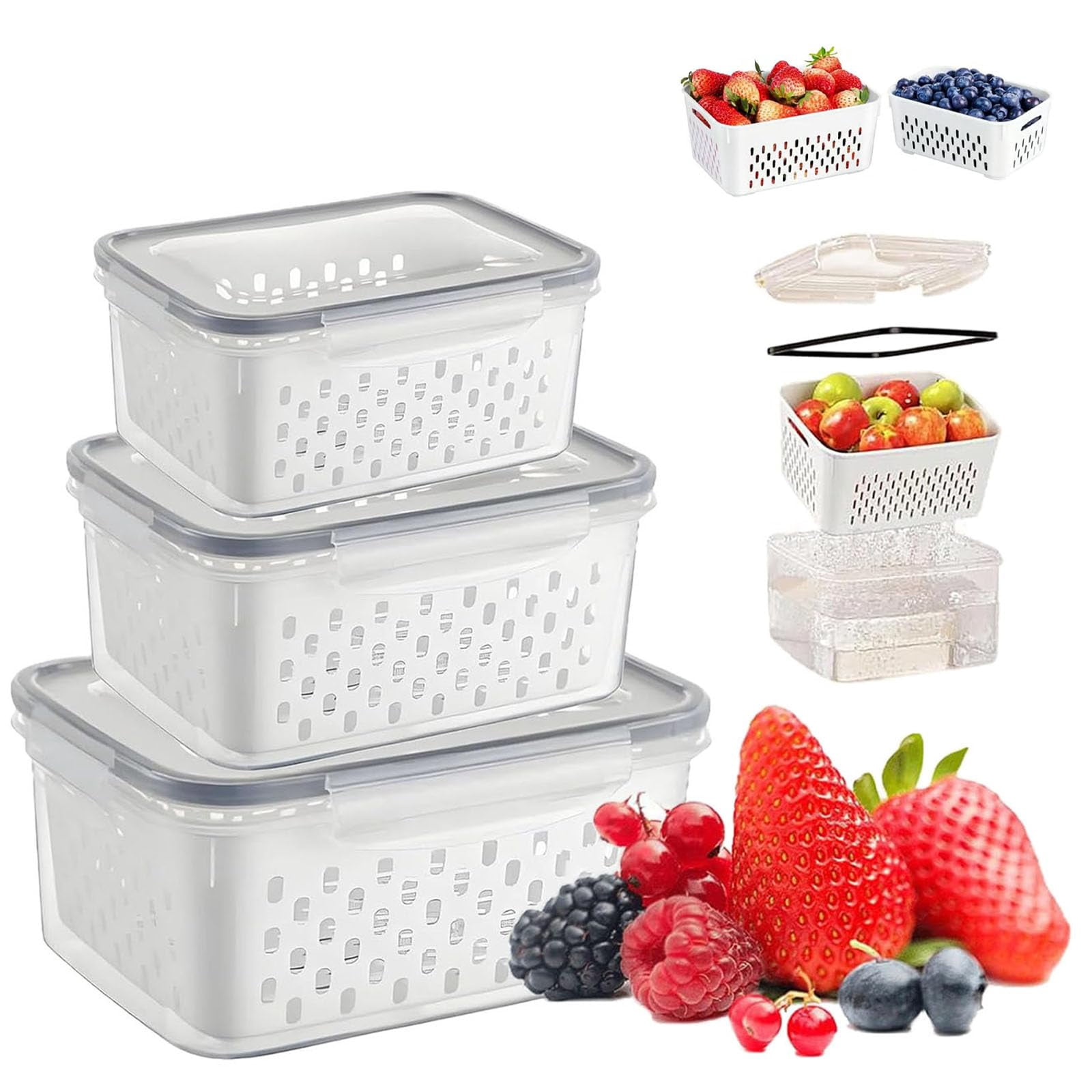 4 in 1 Food Storage Container, Fruit Storage Containers for Fridge, Produce Storage Containers with Lid and Strainer, Including Drain Basket, Kitchen Organizer