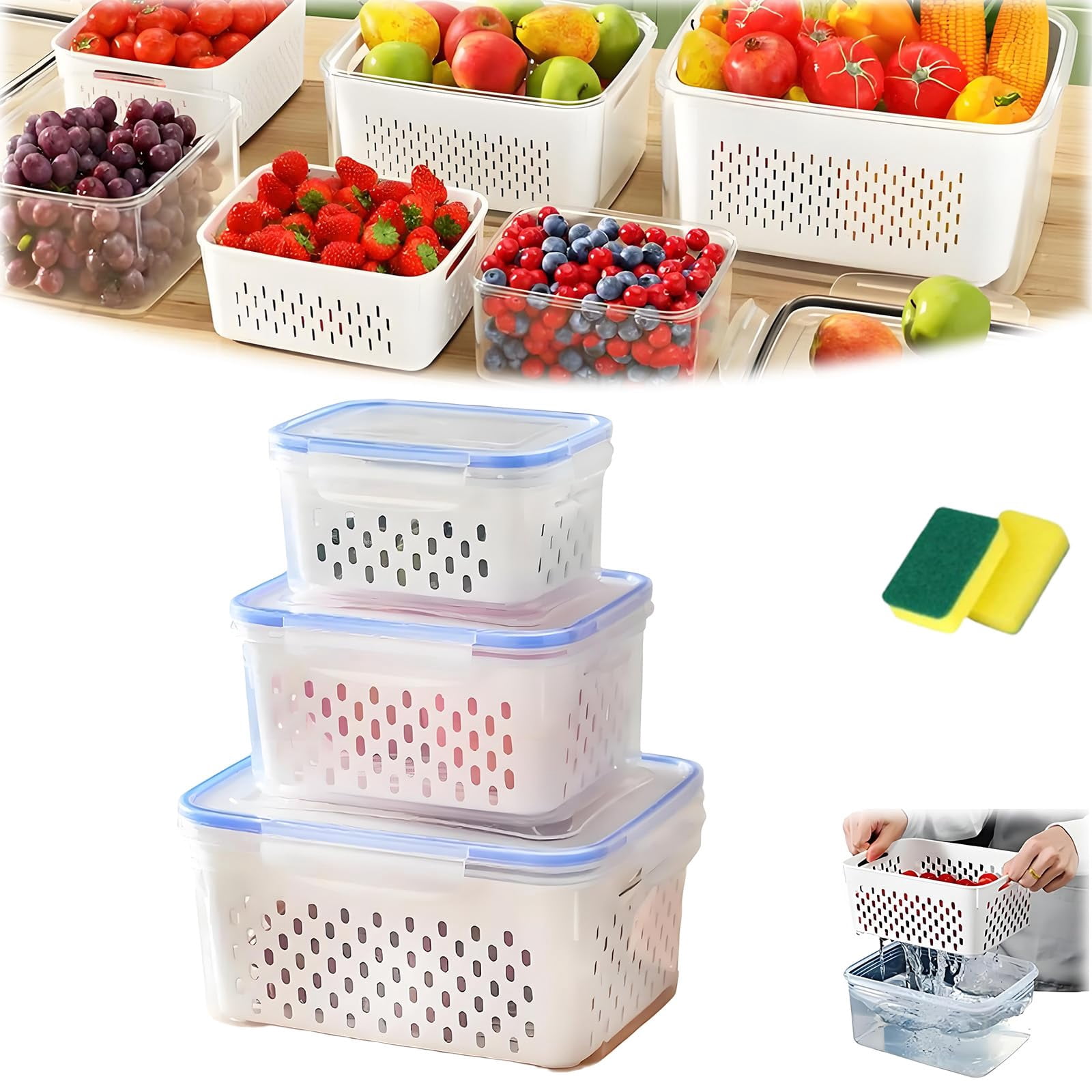 4 in 1 Food Storage Container,Fruit Storage Containers for Fridge,Produce Storage Containers with Lid and Strainer,Including Drain Basket,Multipurpose Large Fruit Containers for Fridge.