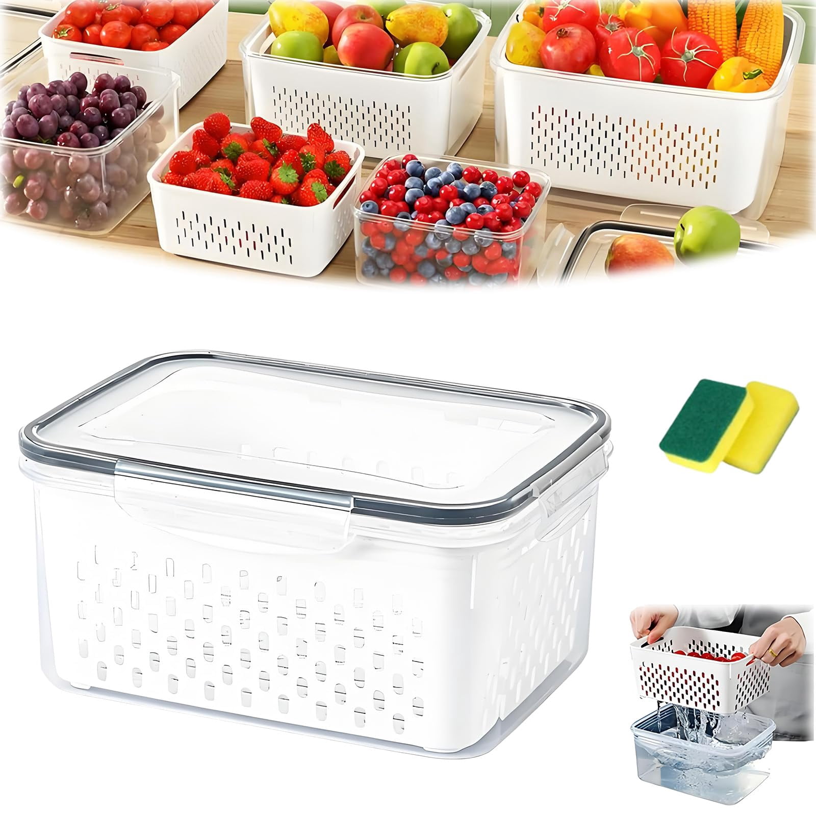4 in 1 Food Storage Container,Fruit Storage Containers for Fridge,Produce Storage Containers with Lid and Strainer,Including Drain Basket,Multipurpose Large Fruit Containers for Fridge.