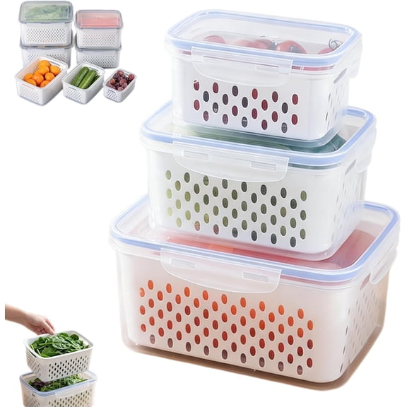 4 in 1 Food Storage Container, Household Transparent Plastic Food Storage Box-Including Drain Basket, BPA Free Produce Saver for Berries & Vegetables, Airtight Organization Bin