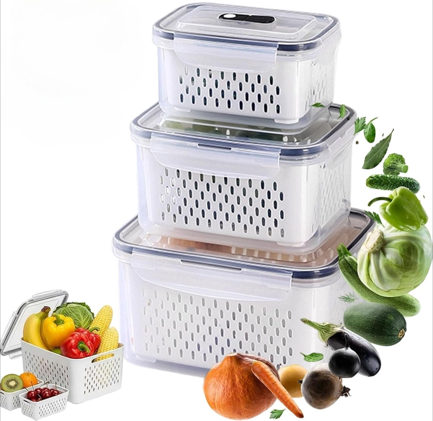 4 In 1 Food Storage Container, Household Transparent Plastic Food Storage Box-Including Drain Basket&Lid, Airtight Produce Container For Fruit Vegetable Organization