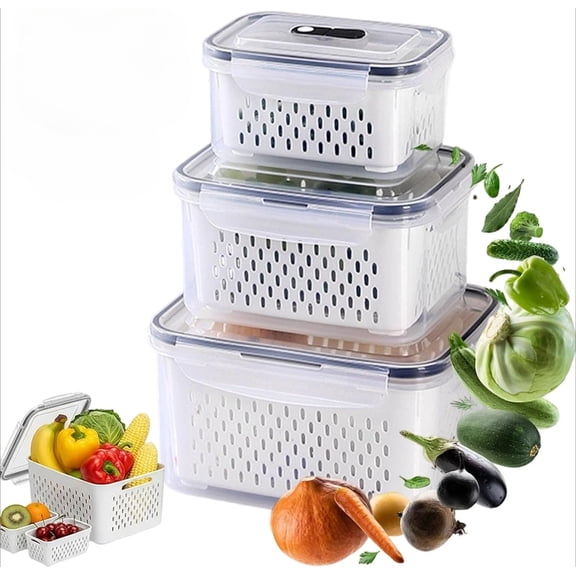 4 In 1 Food Storage Container, Household Transparent Plastic Food Storage Box-Including Drain Basket&Lid, Airtight Produce Container For Fruit Vegetable Organization