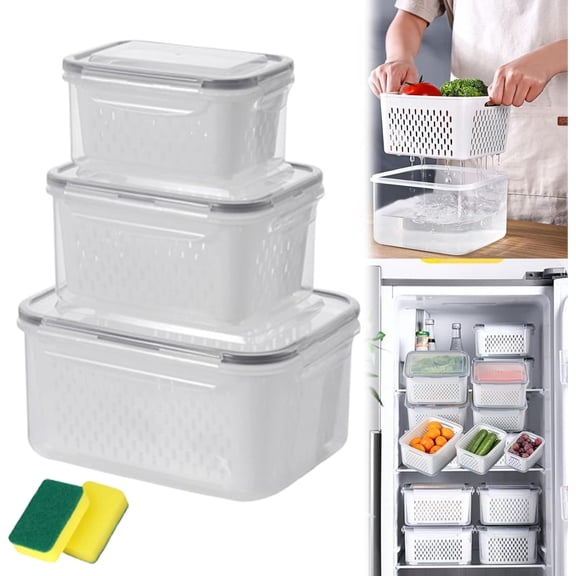 4 in 1 Food Storage Container, Household Transparent Plastic Food Storage Box-Including Drain Basket, Multipurpose Large Fruit Containers for Fridge with Removable Colander and Lids