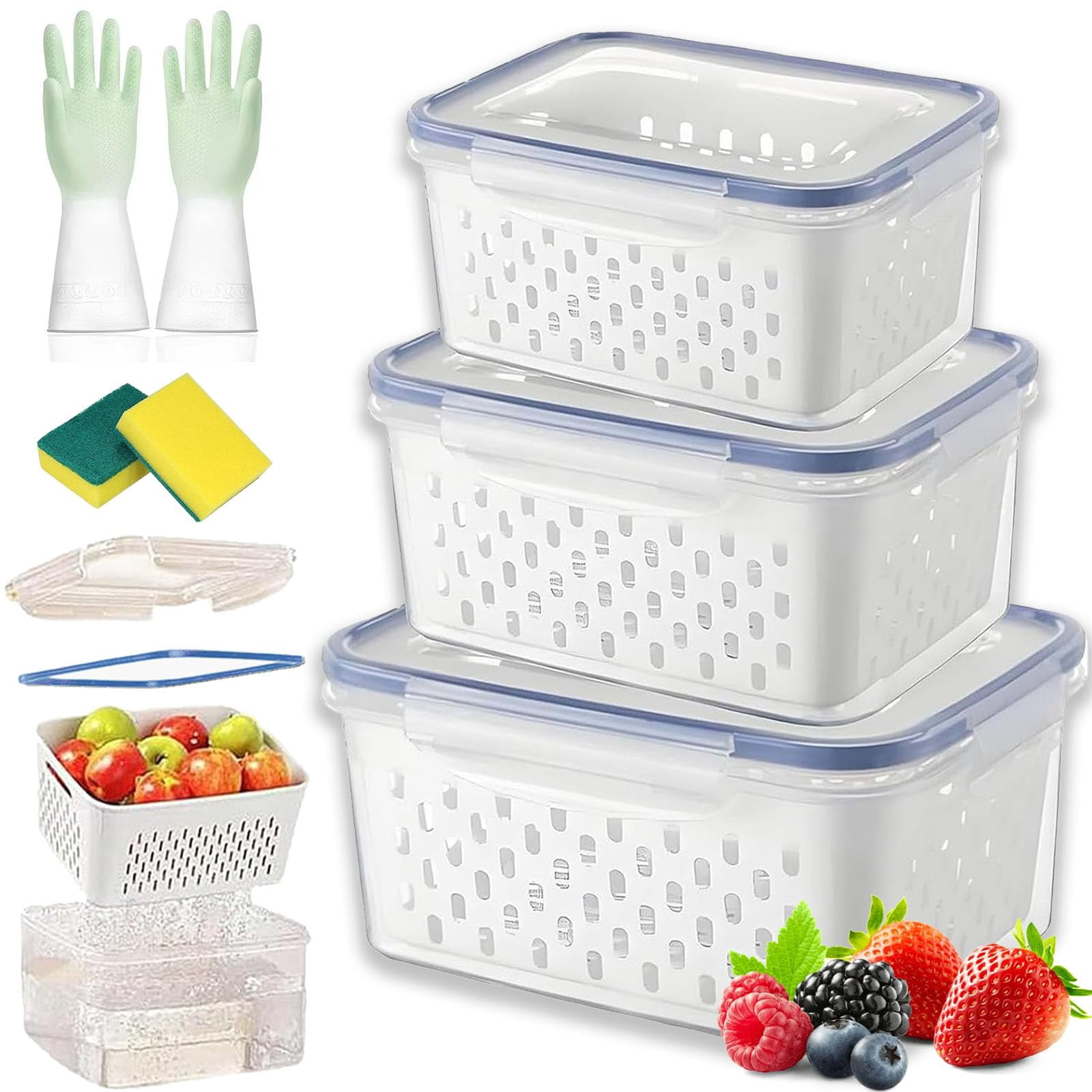 4 in 1 Food Storage Container with Lid, 2026 New Fruit Storage Containers for Fridge, Transparent Produce Storage Box with Drain Basket & Removable Colander