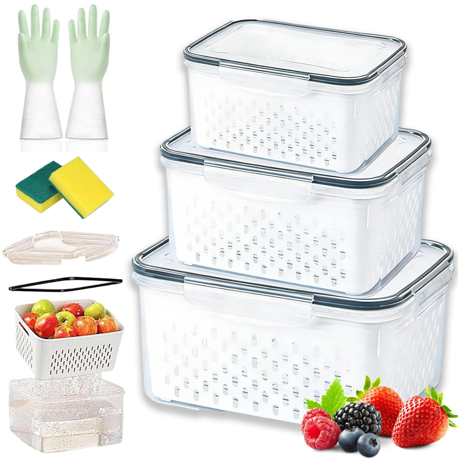 4 in 1 Food Storage Container with Lid, 2026 New Fruit Storage Containers for Fridge, Transparent Produce Storage Box with Drain Basket & Removable Colander