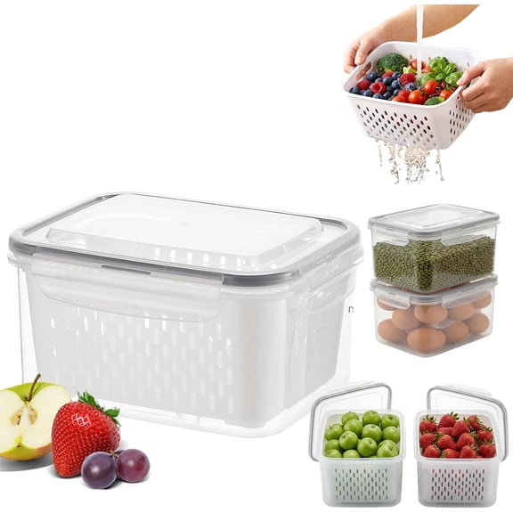 4 in 1 Food Storage Container with Lids, Large Fruit Storage Containers for Fridge, Household Transparent Plastic Food Storage Box-Including Drain Basket for Berry, Vegetable & Salad (Gray, L/3300ml)