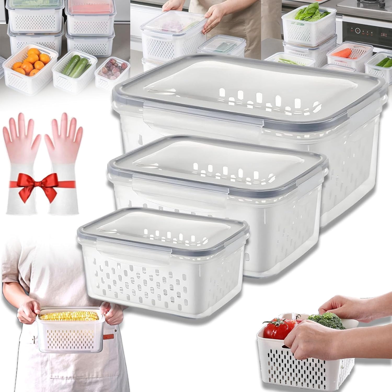 4 in 1 Food Storage Container, Produce Keeper Containers for Fridge, Household Transparent Plastic Food Storage Box-Including Drain Basket, For Vegetable and Berry, Kitchen Organizer