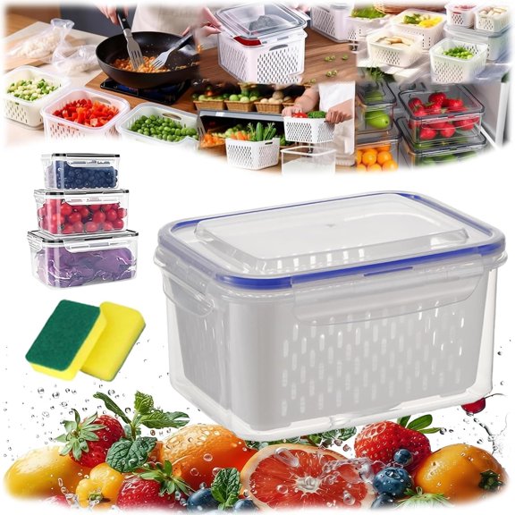 4 in 1 Food Storage Container, Produce Keeper Containers for Fridge, Household Transparent Plastic Food Storage Box-Including Drain Basket, For Vegetable and Berry, Kitchen Organizer