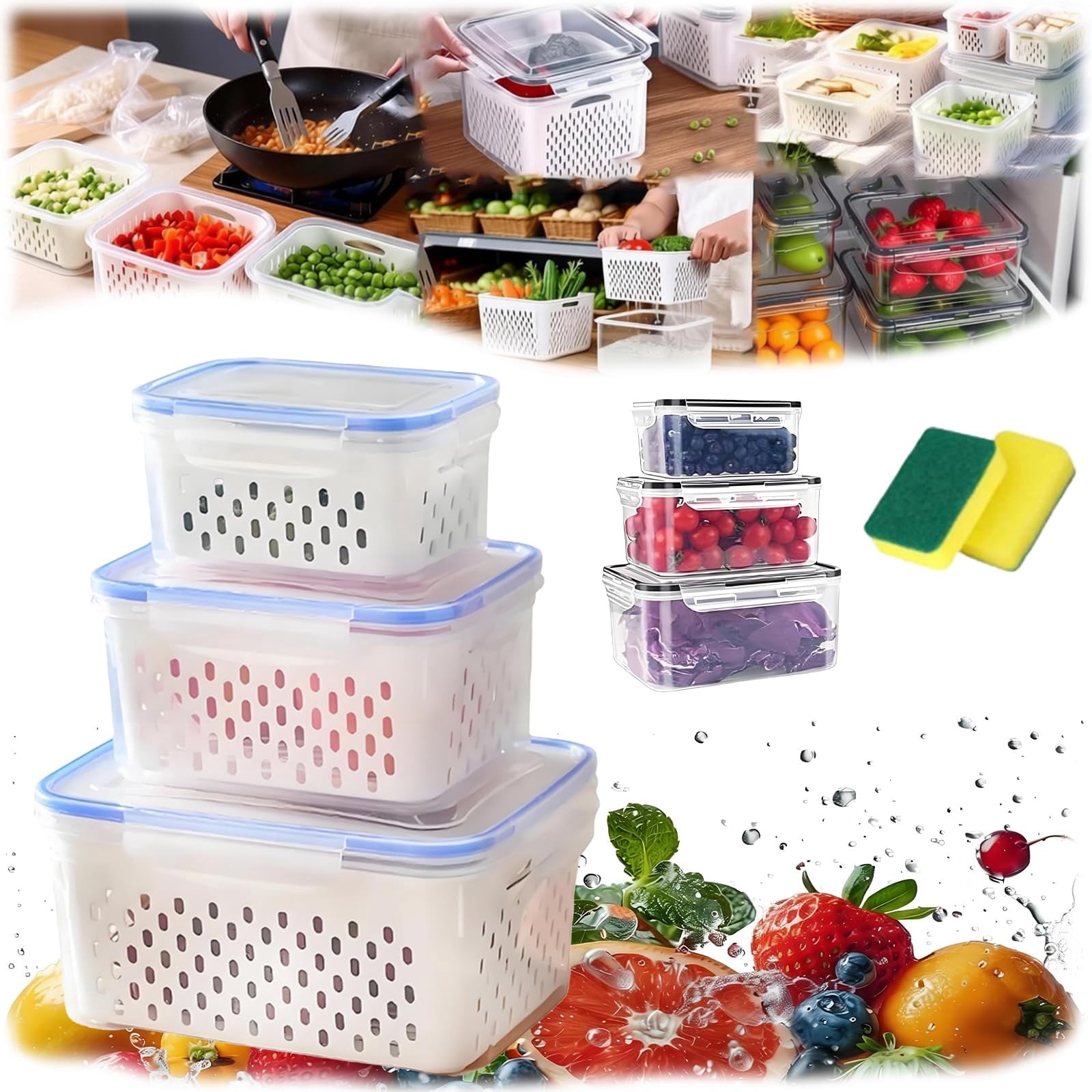 4 in 1 Food Storage Container, Produce Keeper Containers for Fridge, Household Transparent Plastic Food Storage Box-Including Drain Basket, For Vegetable and Berry