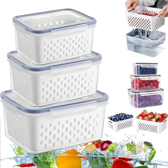 4 In 1 Food Storage Container,Produce Storage Containers for Fridge,Fruit Storage Containers With Removable Colander,Multipurpose Stackable Fruit Storage Containers (3pcs-blue)