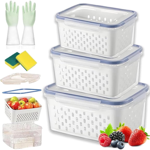 4 in 1 Food Storage Container Set for Fridge, 3PCS Clear Plastic Produce Saver with Removable Colander and Airtight Lid for Kitchen Organization(S+M+L, Gray)(K)