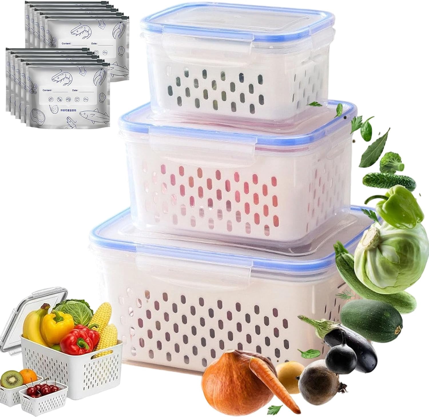4 in 1 Food Storage Containers for Fridge,Household Transparent Plastic Food Storage Box-Including Drain Basket&Lid,Airtight Produce Container for Fruit Vegetable Organization (blue)(Q)