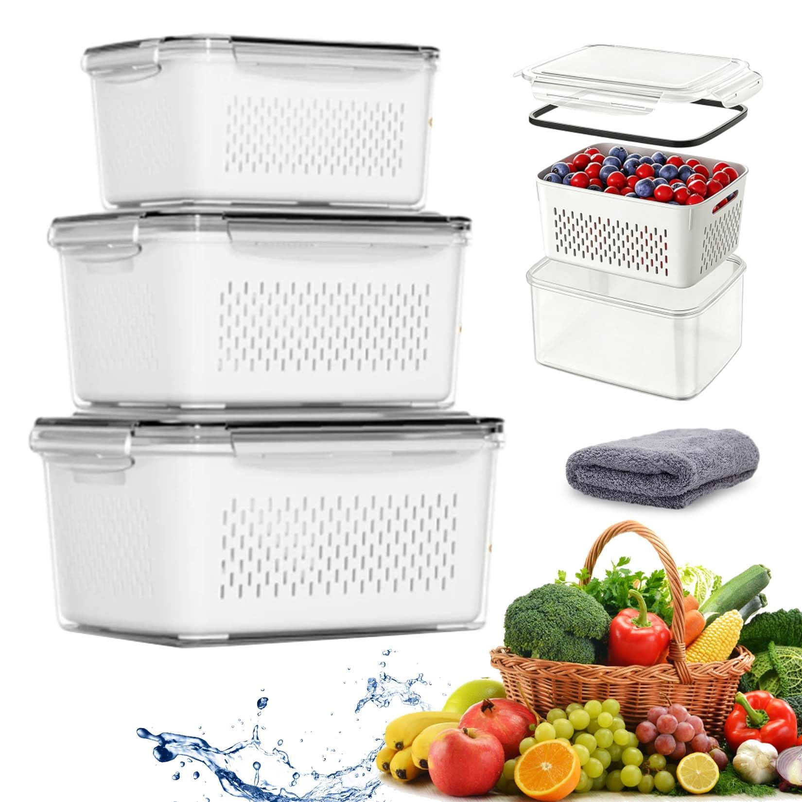 4 In 1 Food Storage Containers, Produce Storage Containers for Fridge, Fruit Storage Containers with Colander, Leakproof Fridge Organizer Bins for Salad Berry Vegetables Meat Keeper Fresh