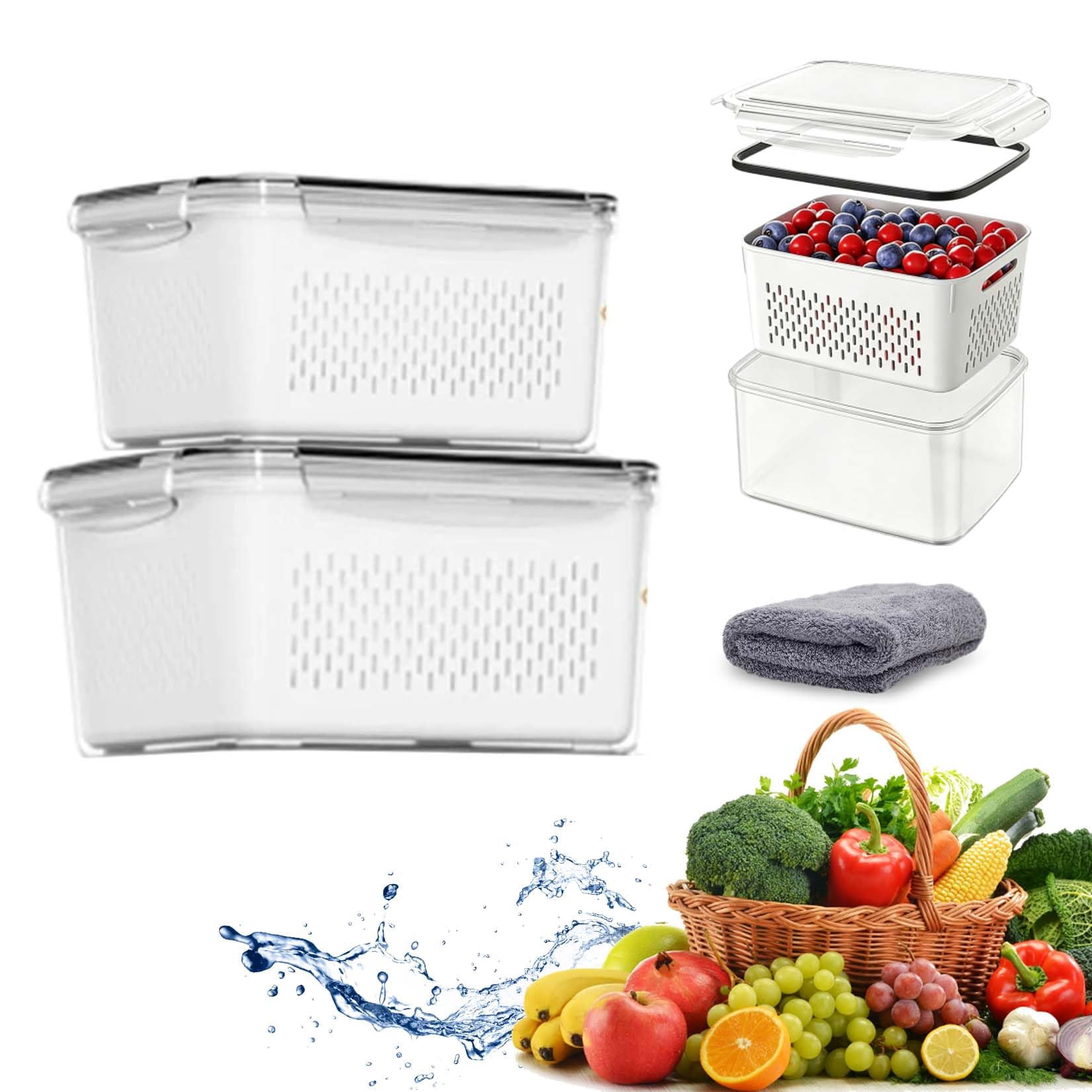 4 In 1 Food Storage Containers, Produce Storage Containers for Fridge, Fruit Storage Containers with Colander, Leakproof Fridge Organizer Bins for Salad Berry Vegetables Meat Keeper Fresh