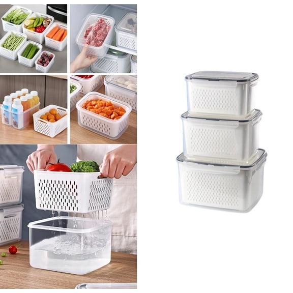 4 In 1 Fridge Food Storage Containers, Produce Storage Bins with Colander, Leakproof Airtight Fruit Vegetable Keeper, Stackable Fresh Organizer for Salad, Berry, Meat (380ml/800ml/1700ml, S+M+L)