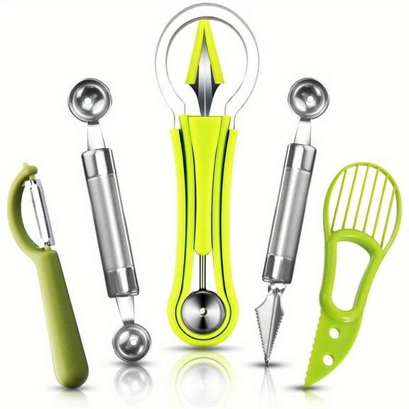 4 in 1 Fruit Scooper Seed Remover Cutter Stainless Steel Melon Baller Scoop Set Double Sided Melon Baller Spoon Avocado Cutter Watermelon Carving Knife for Dig Pulp Separator Fruit Slicer