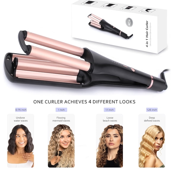 4 in 1 Hair Waver Curling Iron, Interchangeable 0.75/1/1.1/1.25 Inch Plates, Create Mermaid, Beach, Water & Defined Deep Waves, 4 Temperature Settings with LED Display