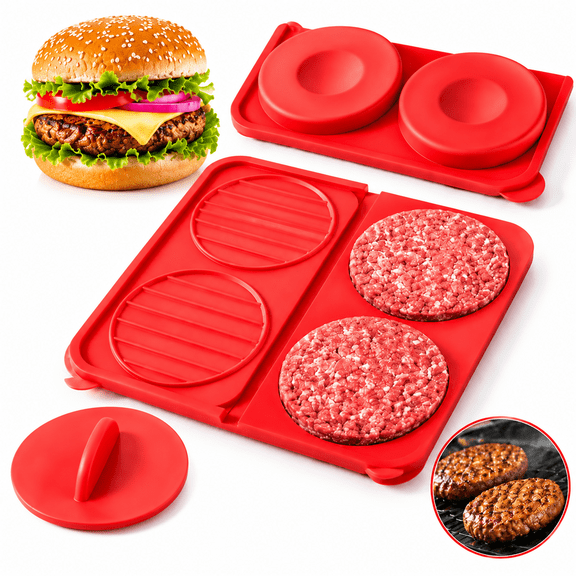4in1 Silicone Hamburger Patty Maker, Makes 4.5 Inch 1/41/3 lb Patties, NonStick, Dishwasher & Freezer Safe, Red