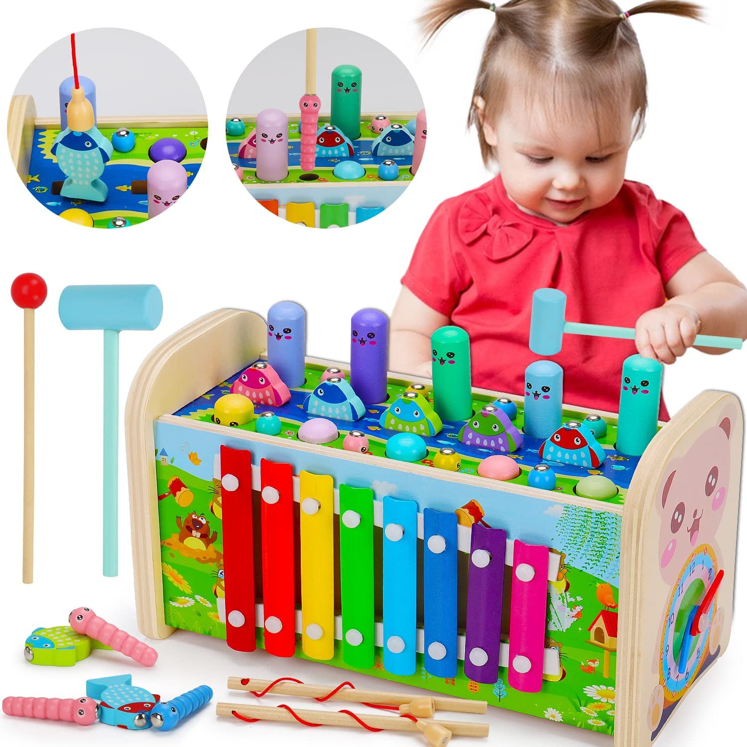 4 in 1 Hammering Pounding Toys Wooden Montessori Educational Fishing Game  Xylophone Toy for 1 2 3 Year Old Baby Sensory Developmental Toy Fine Motor  Skill Preschool Toddler Activities Age 1-2 2-4 Gift 