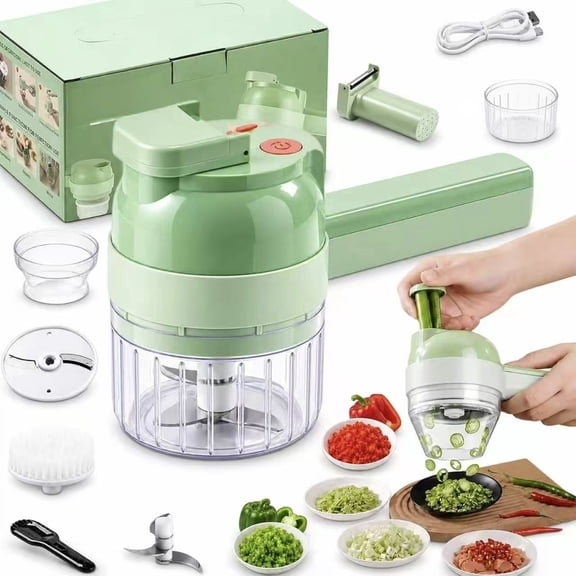 4 In 1 Handheld Electric Vegetable Cutter, Multi Blade Food Chopper With Container For Garlic Onion Meat, Cordless USB Rechargeable Slicing Grating Tool (1Pc)