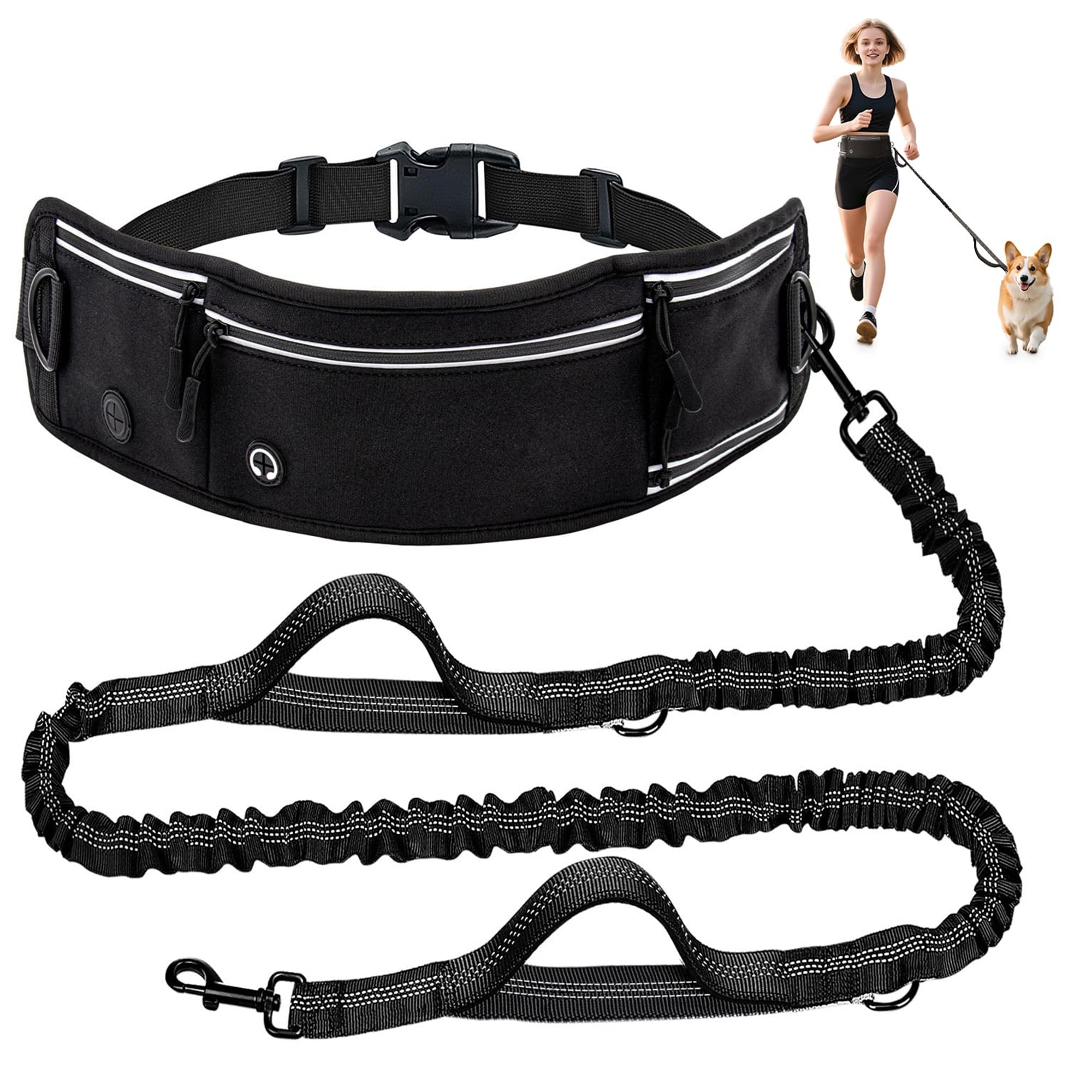 4 in 1 Hands Free Waist Dog Leash, Waist Leash for Dog Walking, Waist Running Leash with Zipper, Walking Pouch for Dog Walking,Reflective Dual Padded Handles Walking Leashs, Bungee Retractable Leash