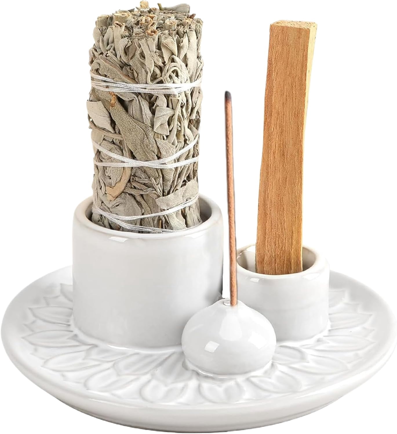 4 in 1 Incense Burner Holder: Ceramic Incense Holder Sage Holder for Burning, Candle Holder Stick Incense Holder, Palo Santo Holder, Incense Tray Ash Catcher Tray for Meditation Yoga Room (White)