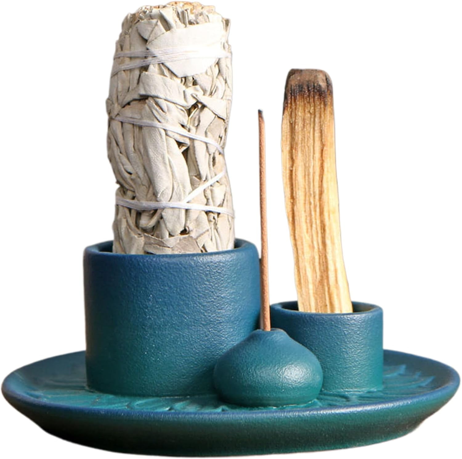 4 in 1 Incense Burner Holder: Ceramic Incense Holder Sage Holder for Burning, Candle Holder Stick Incense Holder, Palo Santo Holder, Incense Tray Ash Catcher Tray for Meditation Yoga Room (Blue)