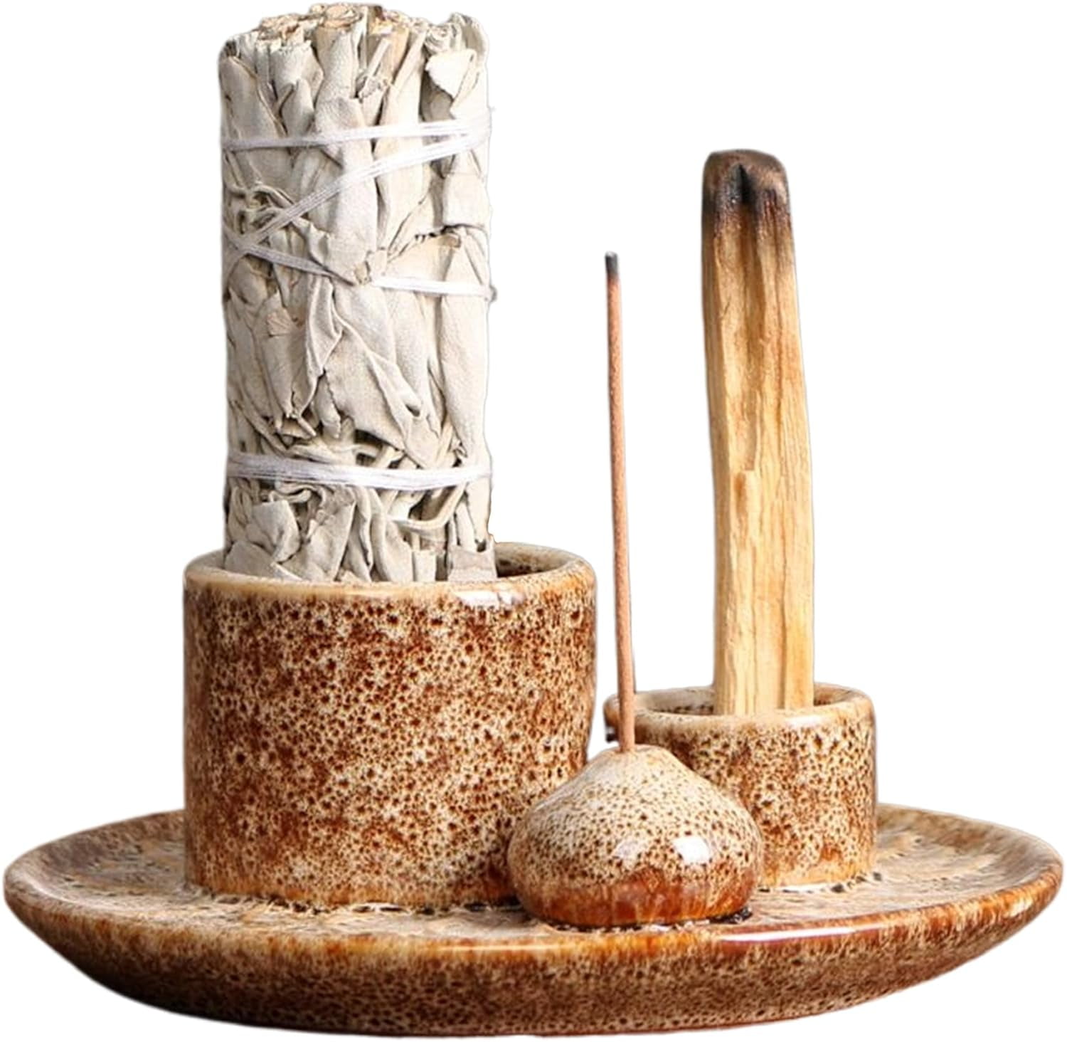 4 in 1 Incense Burner Holder: Ceramic Incense Holder Sage Holder for Burning, Candle Holder Stick Incense Holder, Palo Santo Holder, Incense Tray Ash Catcher Tray for Meditation Yoga Room (Brown)