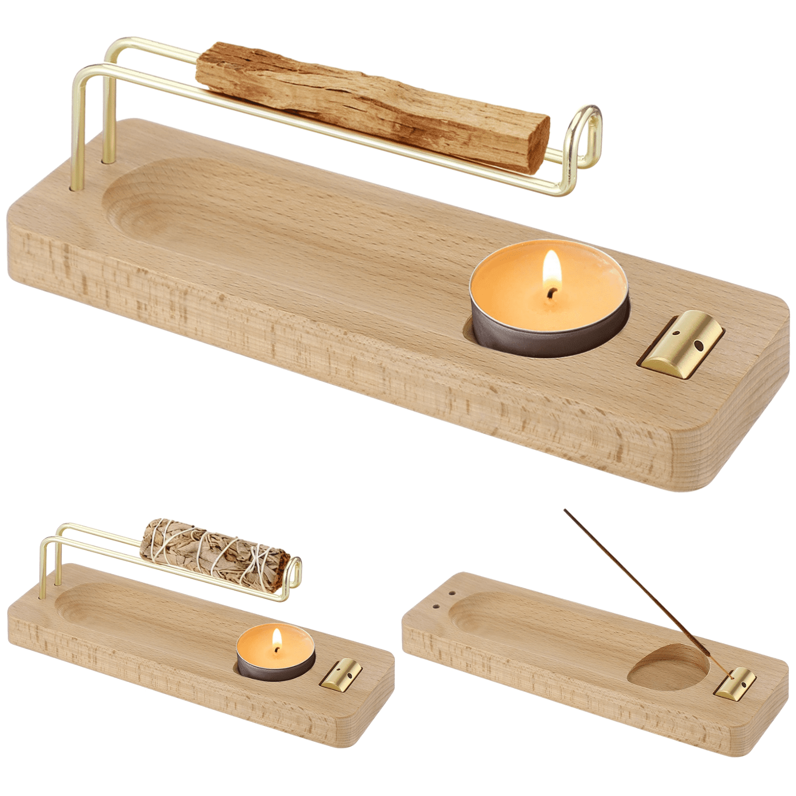 4 in 1 Incense Burner, Metal Stick Holder with Ash Catcher, Solid Wood Base for Holy Wood, Sage Sticks, Incense Sticks & Candles, Ideal for Yoga Meditation, Home Aromatherapy & Housewarming Gift
