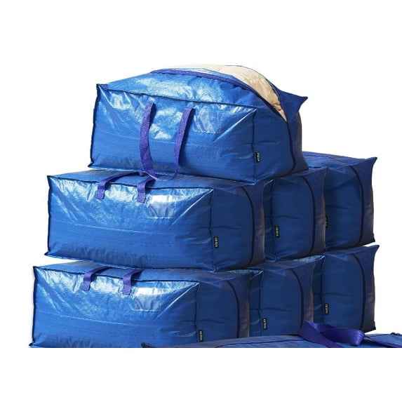 XUEYU 6 Pack Heavy Duty Moving Bags with Strong Zipper, Extra Large Storage Totes with Comfortable Handles, Waterproof Packing Bags for Space Saving, Family & Dorm Room Moving (Blue)