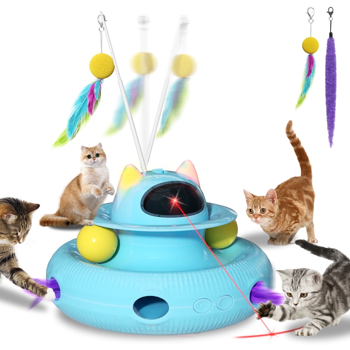DAKOMM 4 in 1 Interactive Cat Toys with USB Rechargeable Smart Cat Feather Wand for Indoor