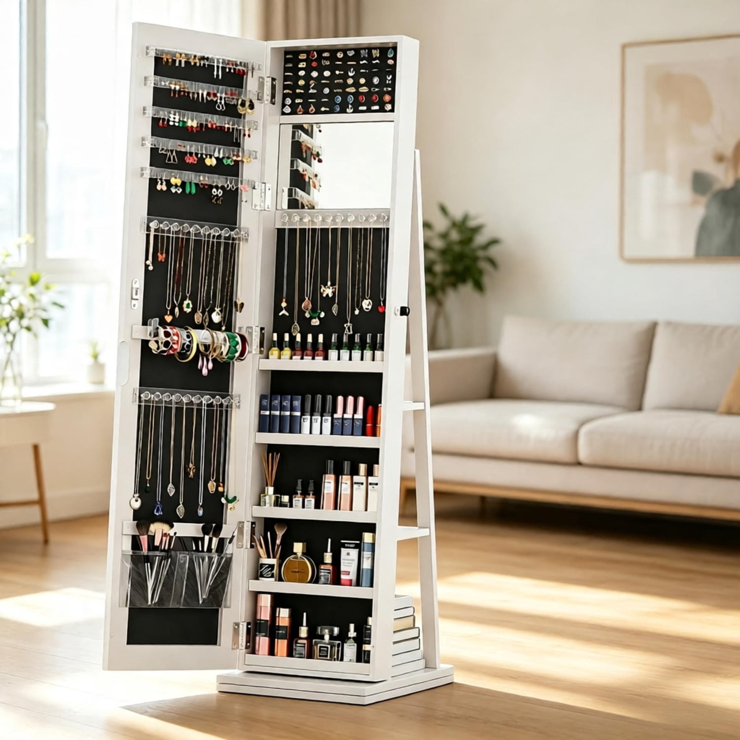 4 in 1 Jewelry Cabinet with Full-Length Mirror, 360° Swivel Jewelry Armoire Lockable Standing, Jewelry Organizer with Storage, Back Storage Shelves, Makeup Mirror, White