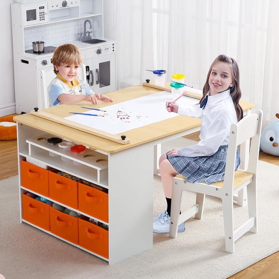 4 In 1 Kids Art Table and Chair Set,Toddler Craft Large Storage Desk With Portable Art Supply Organizer, Drawing Desk, Kids Activity and Study Table, Activity & Crafts for Children Wooden Furniture