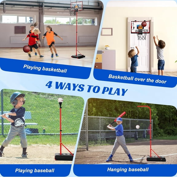 4 in 1 Kids Basketball Hoop and T-Ball Set - Adjustable Basketball Stand, T Baseball Toys for Toddlers Boys Girls Gifts Ages 2 3 4 5 6 7 8 Years Old Indoor Outdoor Sports Toys