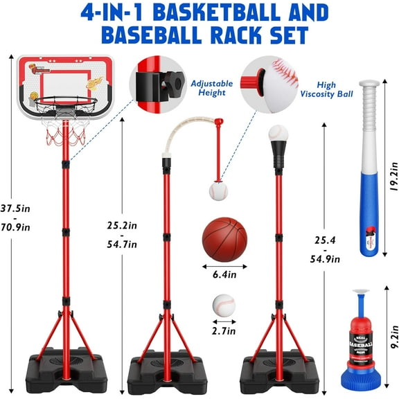 4 in 1 Kids Basketball Hoop and T-Ball Set - Adjustable Hanging T-Ball Stand with Automatic Pitching Machine, Indoor Outdoor Sports Toys, Christmas Birthday Gifts for Boys Girls Ages 3-8