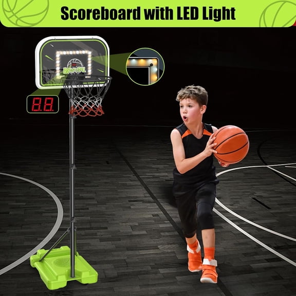 4 in 1 Kids Basketball Hoop and Tball Set for kids 3-5, Adjustable Height Toddler Basketball Hoop, Hanging Tee Baseball with Automatic Pitching Toddler Birthday Gift Outdoor Toys for 3-12 Years Old