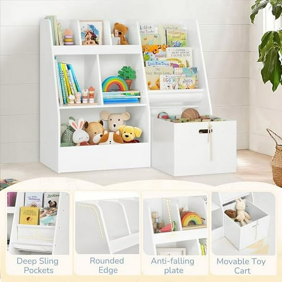 4 in 1 Kids Bookshelf and Toy Storage Organizer, 3-Tier Toy Organizers with Removable Toy Bins, Book Shelf for Kids Room, Toddler Sling Bookshelf with Storage Cubbies, Toy Shelf fo