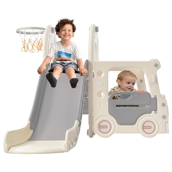 4 in 1 Kids Slide for Indoor and Outdoor, Freestanding Bus Play Structure Slide for Toddler Playground Slipping Slide Climber Toy Playset with Basketball Hoop