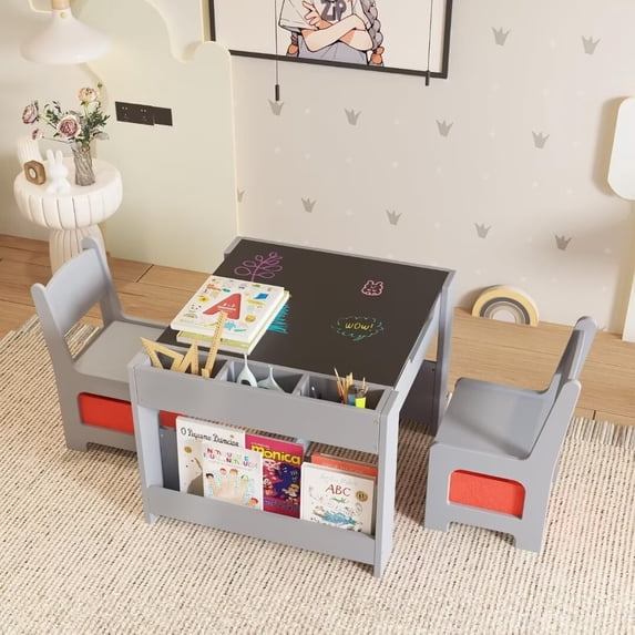 4 in 1 Kids Table and Chair Set, Wooden Toddler Activity Table with Storage Drawer for Toddlers Drawing, Reading, Crafts, Art, 2 in 1 Detachable Tabletop Table Set for Nursery Playroom