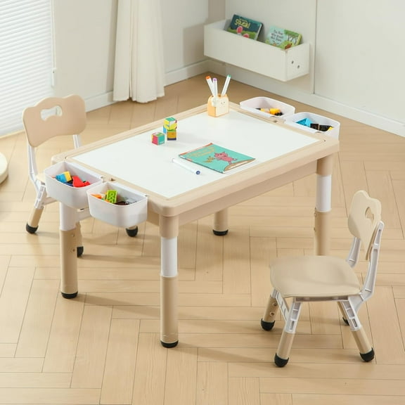 4 in 1 Kids Table and Chairs Set, Toddler Activity Table with Storage, Graffiti & Building Blocks Double-Sided Tabletop, Multi Functional Tables and Chairs for Children Ages 3+, Burlywood
