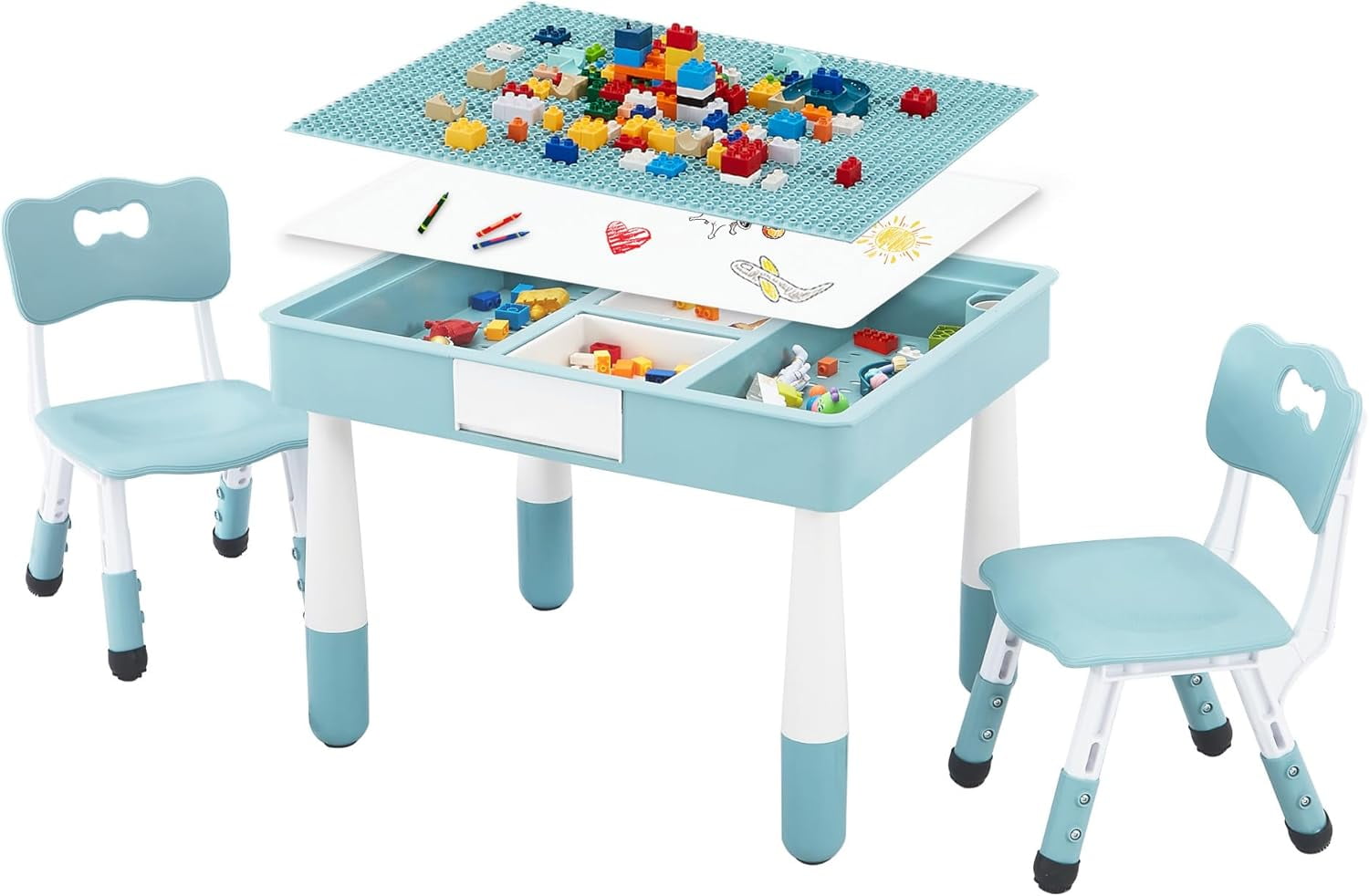 4 in 1 Kids Table and Chairs Set, Toddler Table and Chair Set for Kids Ages 3-10, 29.5" L x 23.6" W Activity Table w/Storage, Graffiti & Building Blocks Double-Sided Tabletop, Grayish Blue