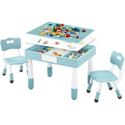 4 in 1 Kids Table and Chairs Set, Toddler Table and Chair Set for Kids Ages 3-10, 29.5 L x 23.6 W Activity Table w/Storage, Graffiti & Building Blocks Double-Sided Tabletop, Grayish Blue