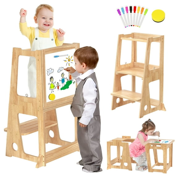 4 in 1 Kitchen Toddler Step Stool, BueDeHai Wooden Learning Toddler Tower with Whiteboard and Safety Rail, Anti-Slip Protection for Kids 1.5 to 5 Years Old, Kitchen Counter Bathroom Sink