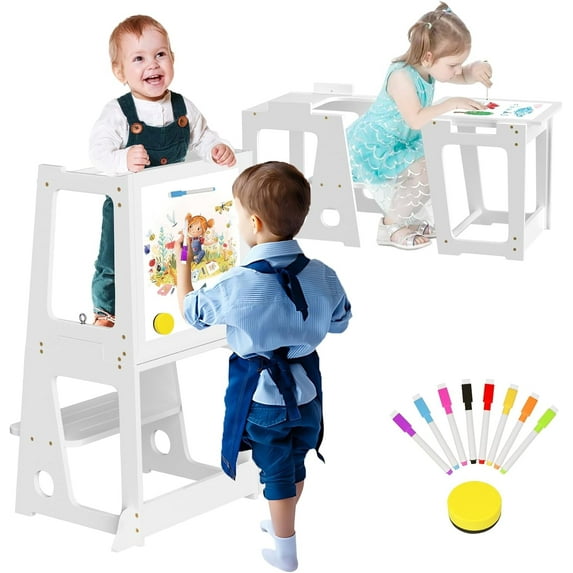 4 in 1 Kitchen Toddler Step Stool, Wooden with Whiteboard and Safety Rail, Anti-Slip Protection, Standing Helper Tower for 1.5 to 5 Years Old, Kitchen Counter Bathroom Sink