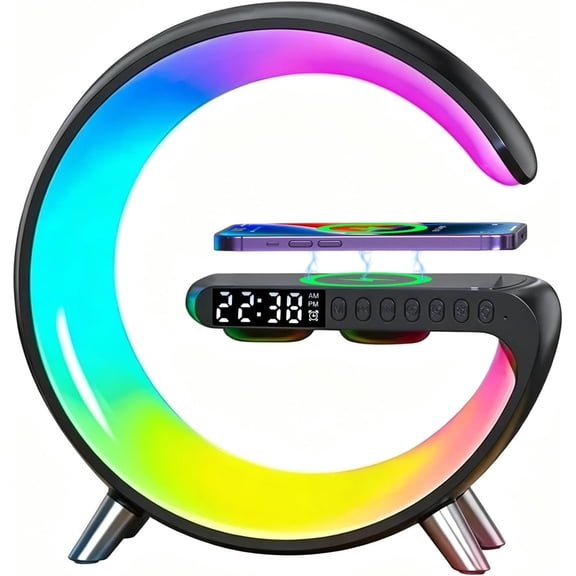 4 In 1 LED Table Lamp, Clock, Speaker, Charger, App Control Night Light Bedside Lamp with Station for Bedroom, Decor, Family, Teen Girls Boys Gifts