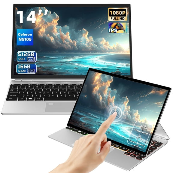 4 in 1 Laptop 14 inches Full HD Touch Screen Laptop Computer High-Speed Alder Lake N95 DDR4 16GB 512GB SSD,PC,Color Backlight Keyboard/Fingerprint/ Type-C/ USB3.0, Silver