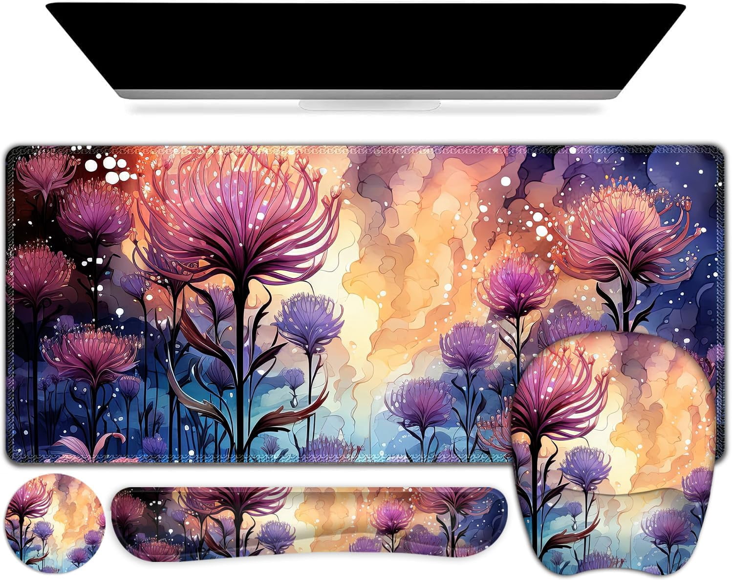 4 in 1 Large Mouse Pad, Keyboard Wrist Rest Set, Ergonomic Mouse Pad with Wrist Support, Desk Mat with Stitched Edges, Extended Desk Pad Waterproof Desk Mat for Home Office I Blossom Purple Flower